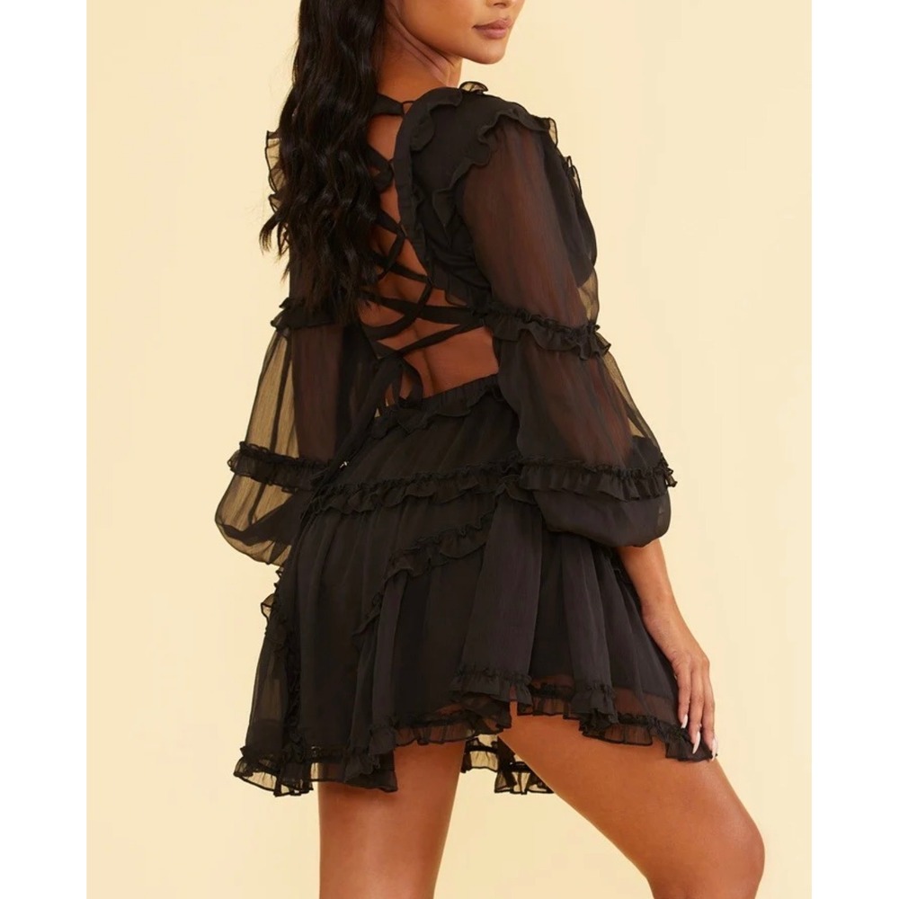 Luxxel Mini Dress Womens Large Black NEW Ruffle Lace Up‎ Back Cutout LD7048